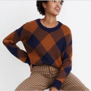 -🥂Madewell Orange/Blue Plaid Mullen Sweater #AD044- Small As Is condition